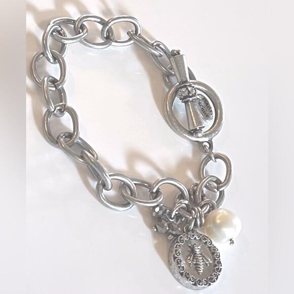 NEW Marlyn Schiff CHARM BRACELET Silver Honey Bee Pearl Facetet Crystal Beads 7” - Picture 4 of 4